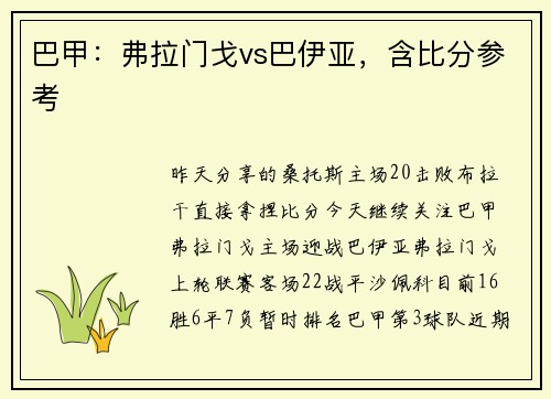 巴甲：弗拉门戈vs巴伊亚，含比分参考