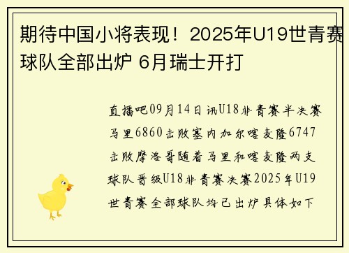 期待中国小将表现！2025年U19世青赛球队全部出炉 6月瑞士开打