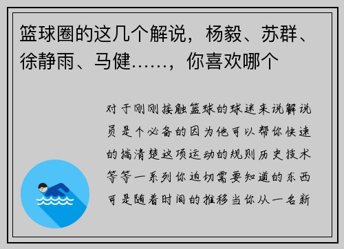 篮球圈的这几个解说，杨毅、苏群、徐静雨、马健……，你喜欢哪个